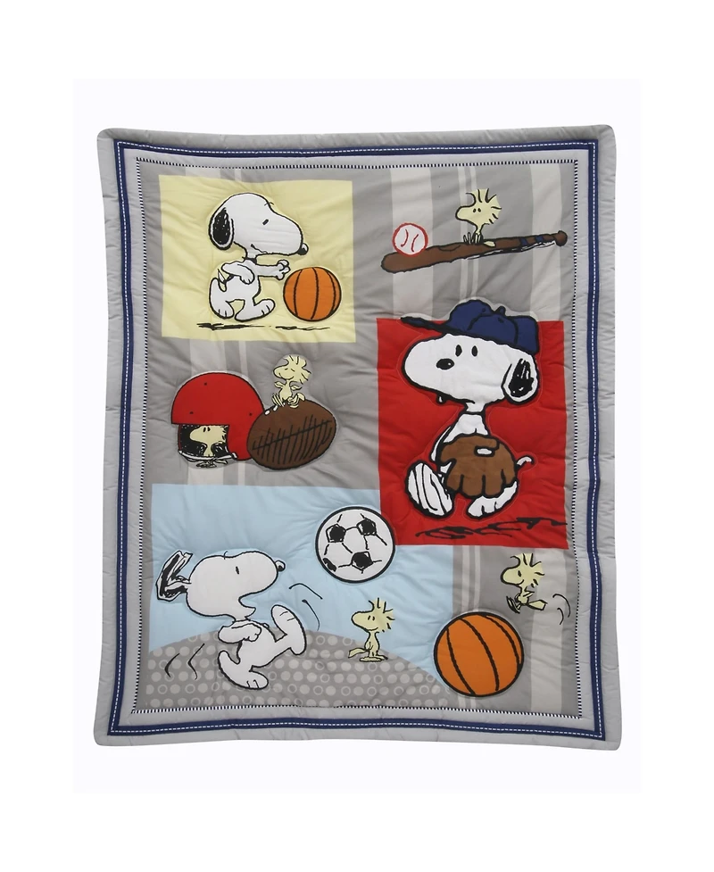 Bedtime Originals Snoopy Sports Gray/Blue/Yellow/Red 3-Piece Nursery Baby Crib Bedding Set