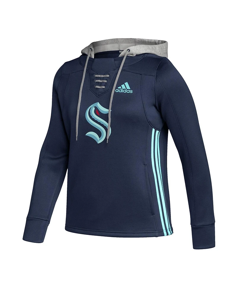Women's adidas Deep Sea Blue Seattle Kraken Skate Lace Team Pullover Hoodie