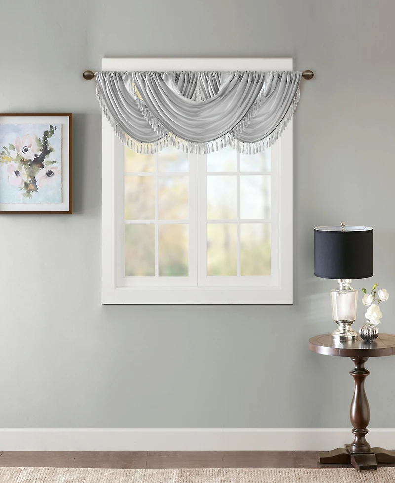 Madison Park Elena Faux Silk Waterfall Embellished Valance Window Valance for Bedroom and kitchen, Lining and Rob Pocket/Back Tab valances for windows
