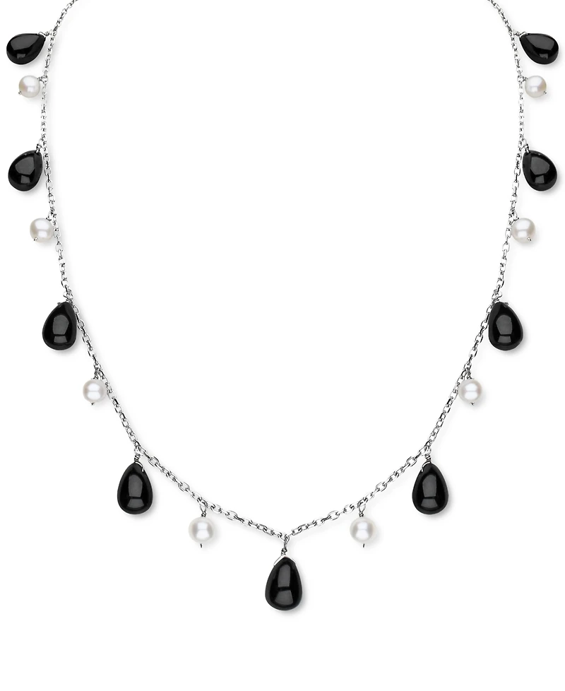 Freshwater Pearl (5-6mm) & Jade Dangling 18" Collar Necklace in Sterling Silver (Also in Onyx)