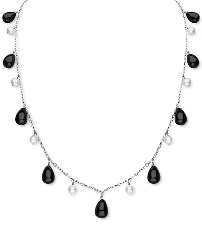 Freshwater Pearl (5-6mm) & Jade Dangling 18" Collar Necklace in Sterling Silver (Also in Onyx)