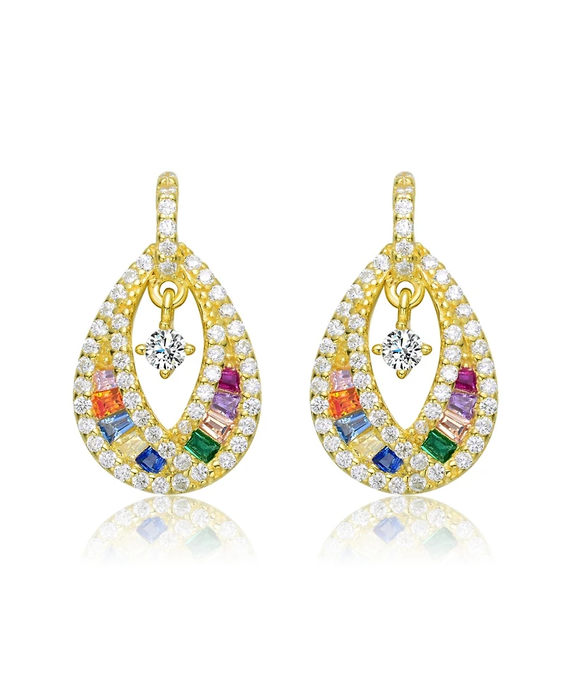 Sterling Silver 14K Gold Plated, 18K Rose Plated and White Red Baguette Clear Round Cubic Zirconia Pear Drop Earrings