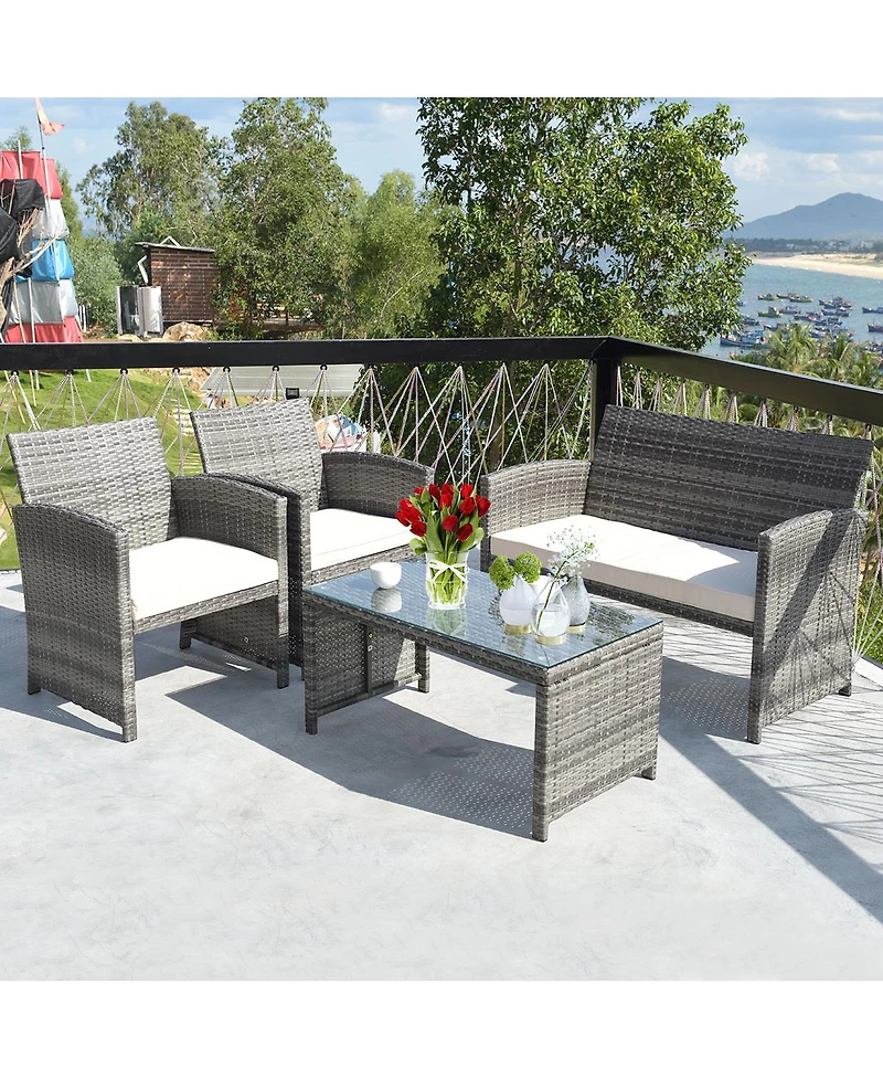 4PCS Patio Rattan Furniture Set Conversation Glass Table Top
