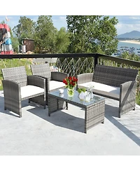 4PCS Patio Rattan Furniture Set Conversation Glass Table Top