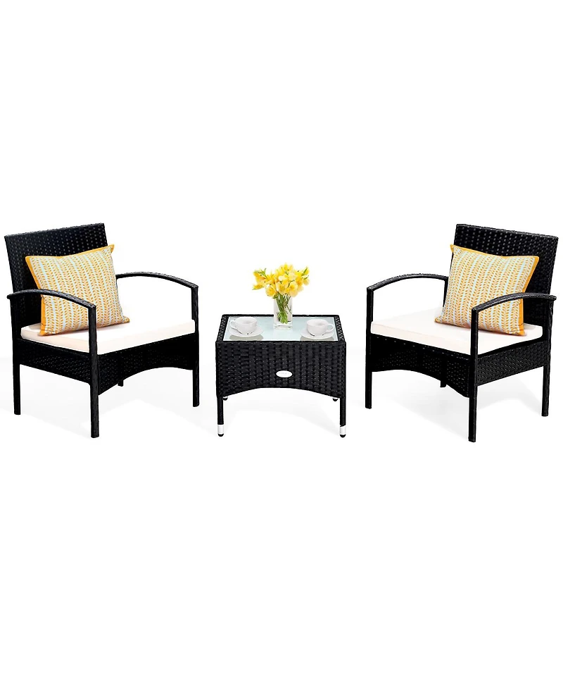 Costway 3 Pcs Furniture Set Table & 2 Chair Patio Wicker Rattan W/Cushion