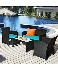 Costway 4PCS Patio Rattan Furniture Conversation Sets Cushion Sofa Table Garden