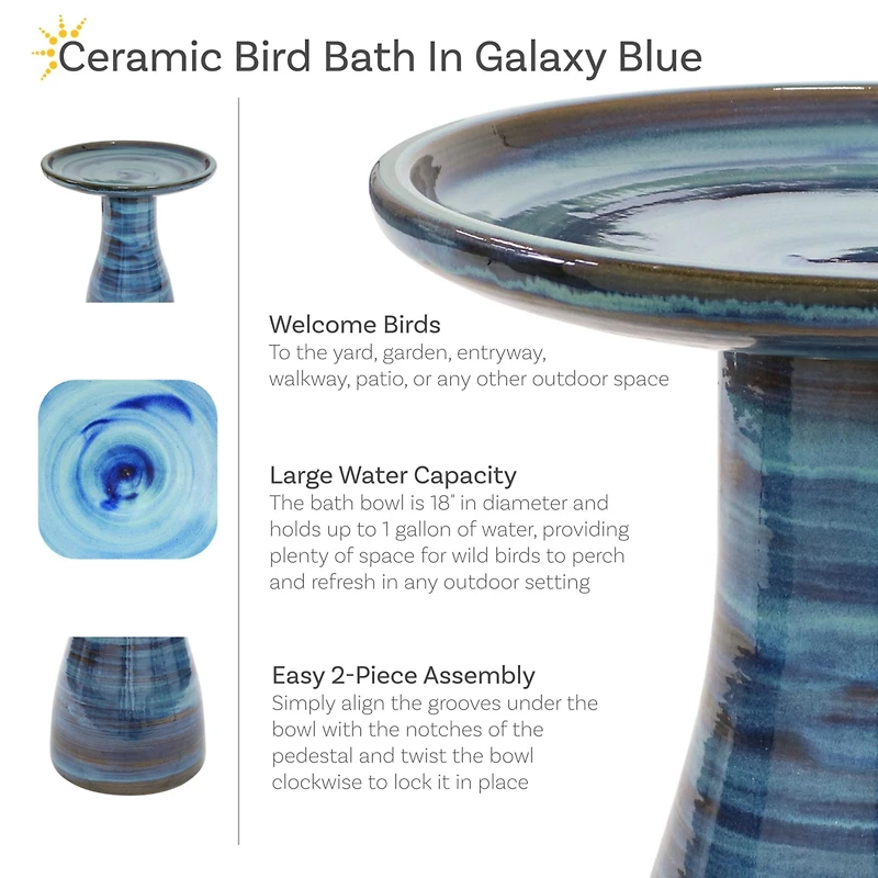 21" H Ceramic Bird Bath for Outside - Hand-Painted Outdoor Bird Bath Bowl, Uv/Frost-Resistant Finish - Galaxy Blue - Classic Pedestal