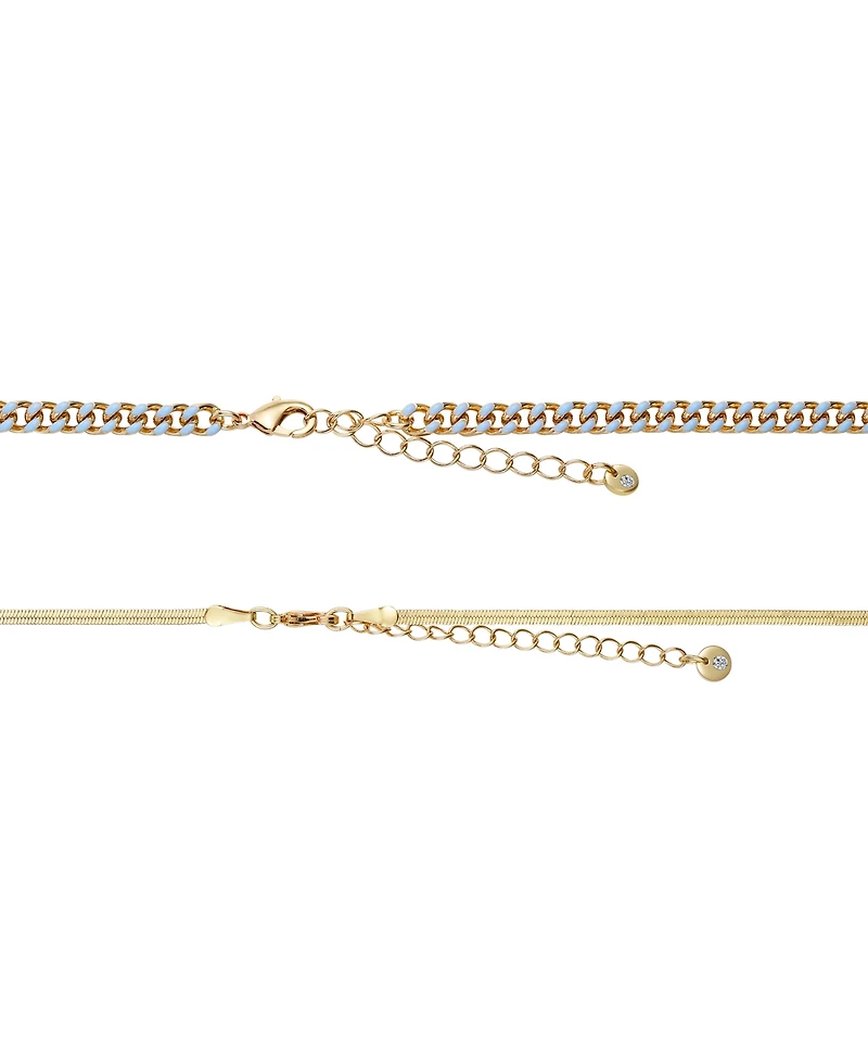 Unwritten 14K Gold Flash-Plated Light Blue Enamel Curb Chain and Herringbone Chain Necklace Set