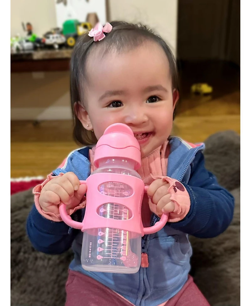 Dr. Browns Baby Wide-Neck Sippy Straw Bottle with 100% Silicone Handles, 9oz, Pink