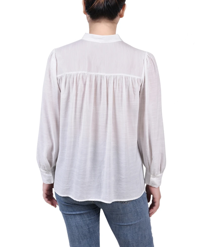 Ny Collection Petite Crochet Long Sleeve Blouse
