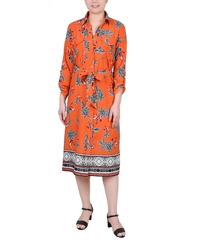 Ny Collection Petite 3/4 Roll Tab Sleeve Belted Shirtdress