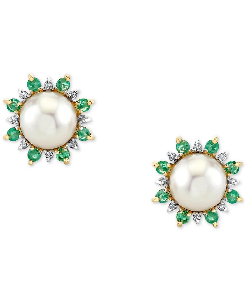 Cultured Freshwater Pearl (8mm), Emerald (5/8 ct. t.w.) & Diamond (1/8 ct. t.w.) Stud Earrings in 10k Gold