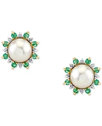 Cultured Freshwater Pearl (8mm), Emerald (5/8 ct. t.w.) & Diamond (1/8 ct. t.w.) Stud Earrings in 10k Gold
