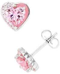 Pink and White Cubic Zirconia Heart Stud Earrings in Sterling Silver or 14k Gold over Sterling Silver
