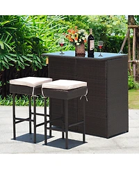 Costway 3PCS Patio Rattan Wicker Bar Table Stools Dining Set Cushioned