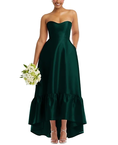 Alfred Sung Women's Strapless Deep Ruffle Hem Satin High Low Dress with Pockets