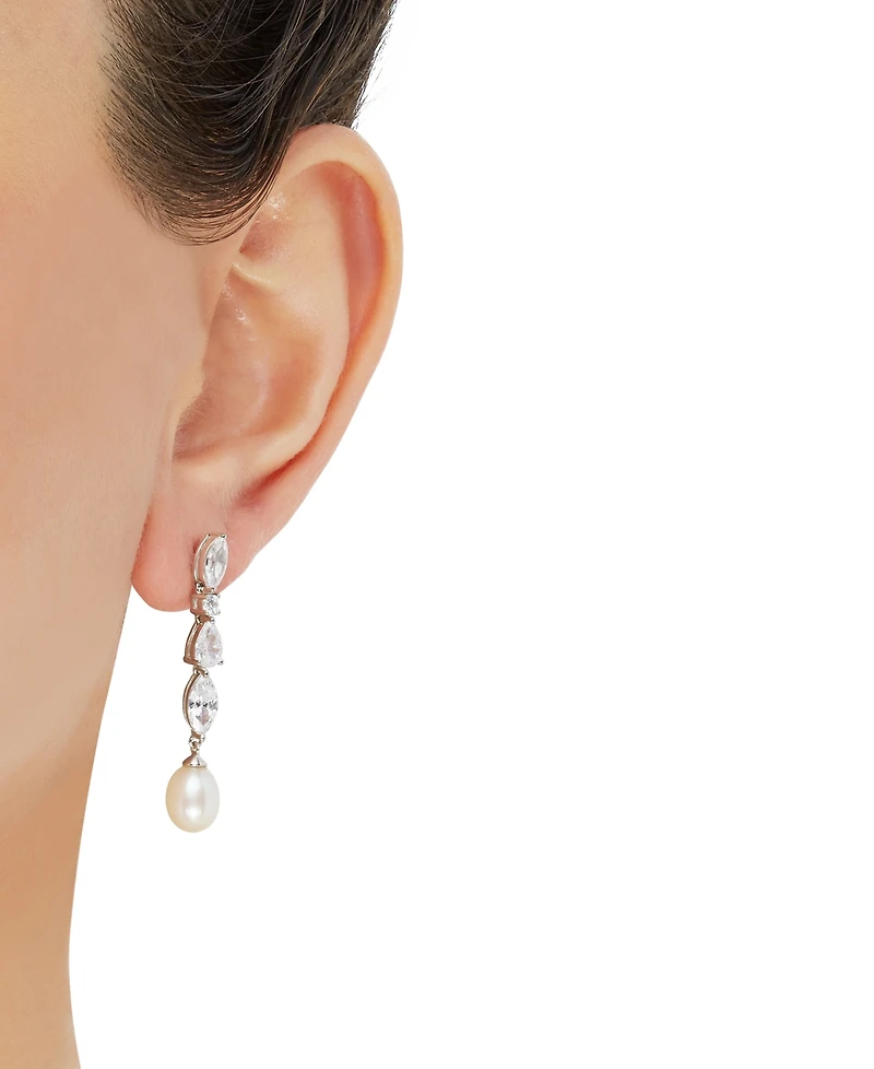 Arabella Cultured Freshwater Pearl (9 x 7mm) & Cubic Zirconia Drop Earrings in Sterling Silver, Created for Macy's