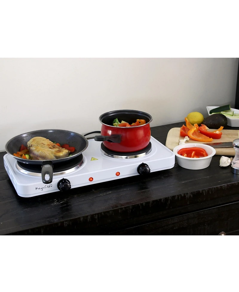 MegaChef Electric Dual Burner Cooktop Buffet Range in Sleek White