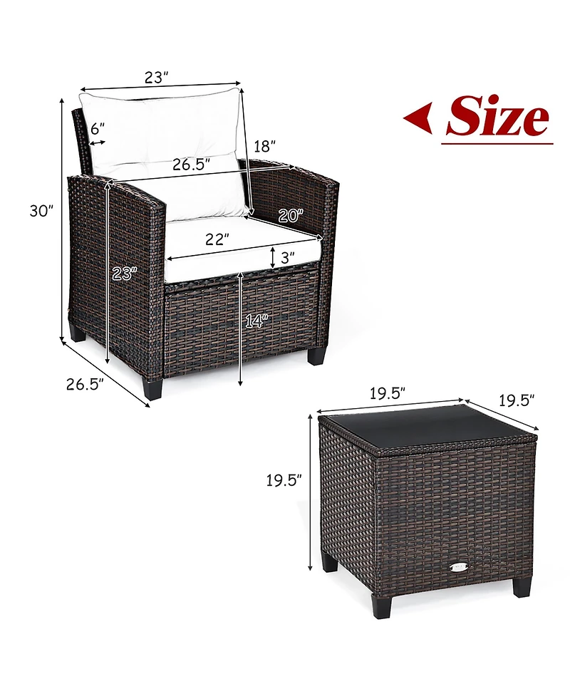 3PCS Patio Rattan Furniture Set Cushioned Sofa Coffee Table Garden