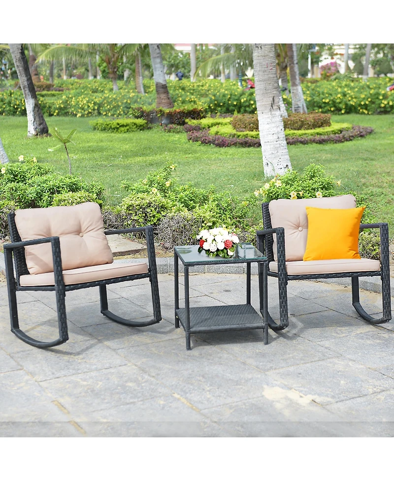 3PC Patio Rattan Conversation Set Rocking Chair Cushioned