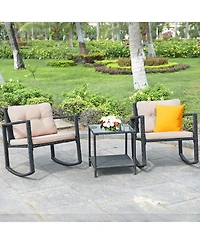 3PC Patio Rattan Conversation Set Rocking Chair Cushioned