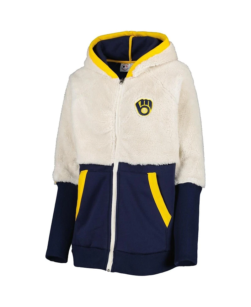 Women's G-iii 4Her by Carl Banks Oatmeal, Navy Milwaukee Brewers Shuffle It Raglan Full-Zip Hoodie