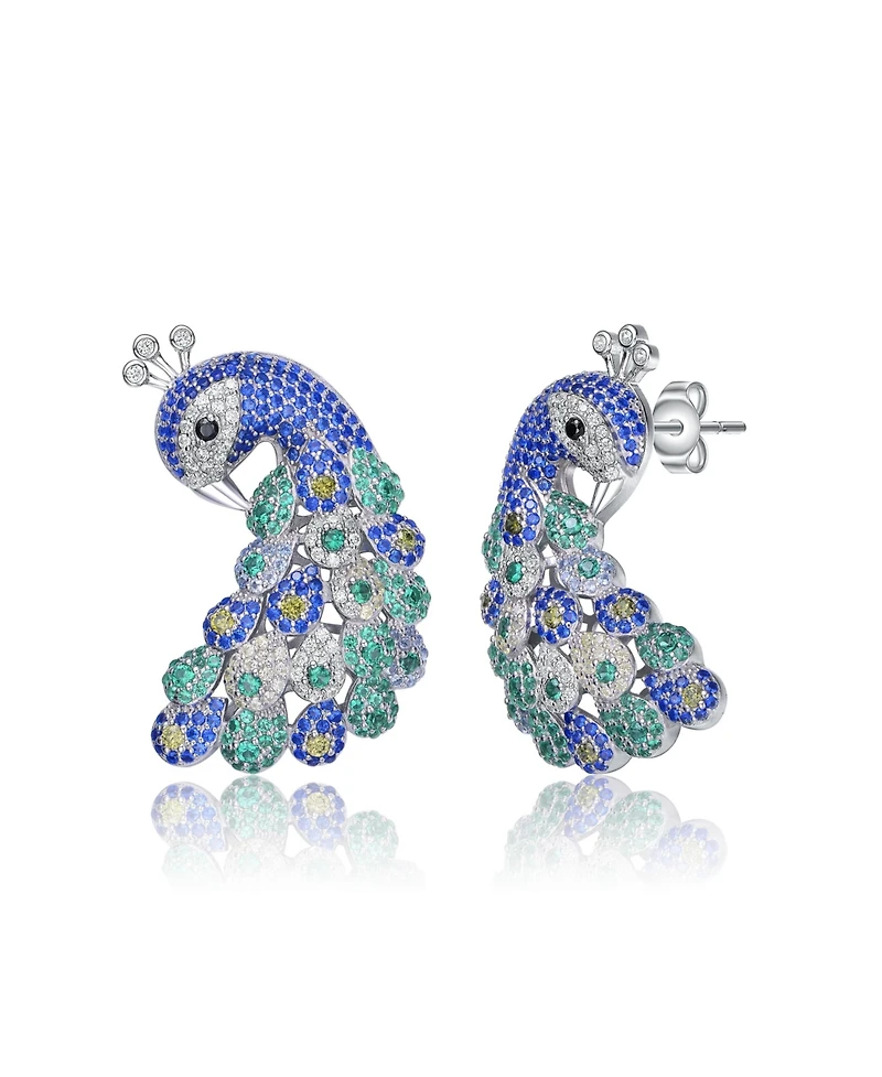 Sterling Silver White Gold Plated Blue and Green Cubic Zirconia "Peacock" Butterfly Earrings