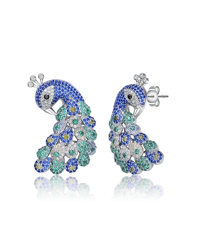 Sterling Silver White Gold Plated Blue and Green Cubic Zirconia "Peacock" Butterfly Earrings