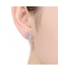 Sterling Silver Round Cubic Zirconia Milgrain Set Halo Stud Earrings