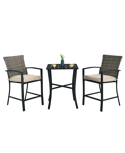 Costway Patio Rattan Bar Furniture Set Slat Table 2 Cushioned Stools Poolside