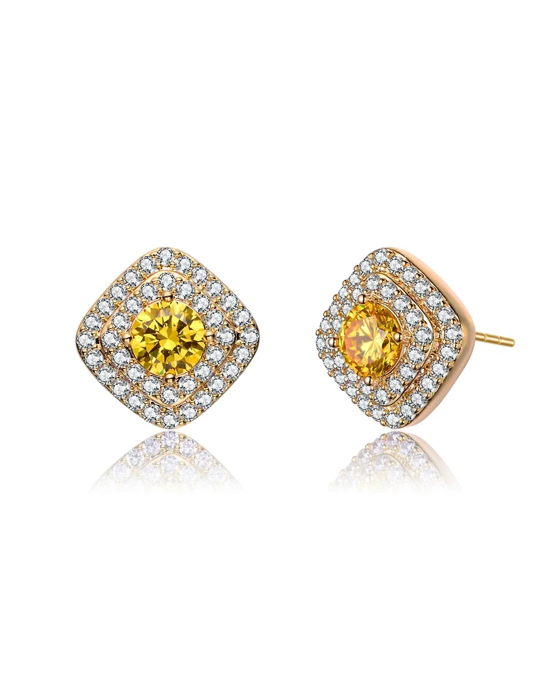 14K Gold Plated Clear Cubic Zirconia Pave Stud Earrings