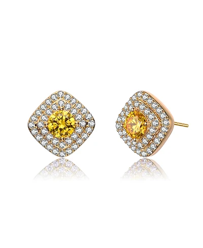 14K Gold Plated Clear Cubic Zirconia Pave Stud Earrings