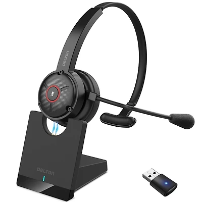 Delton Noise Canceling Bluetooth Computer Headset with Charging Dock, Auto Pair Usb Dongle for Pc/Laptop, Compatible with Ms Teams, Zoom, Google Meet,