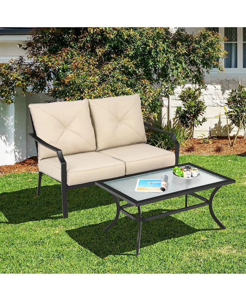 Costway 2 Pcs Patio Loveseat with Coffee Table Outdoor Sofa Bench with Cushions
