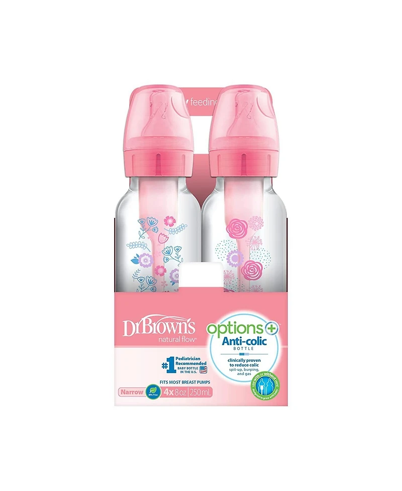 Dr. Browns Baby Anti-Colic Options+ Narrow Baby Bottles 8oz, 4 Pack, Pink Flowers