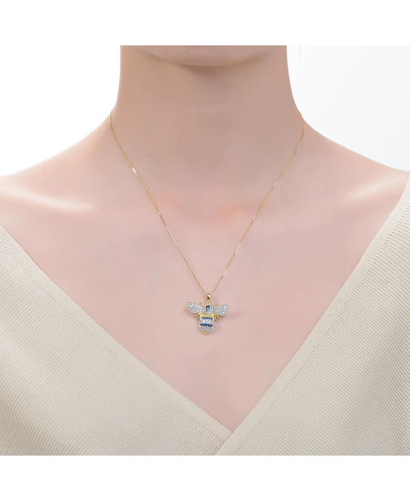 Sterling Silver 14k Yellow Gold Plated with Blue Cubic Zirconia Pave Wasp Pendant Necklace
