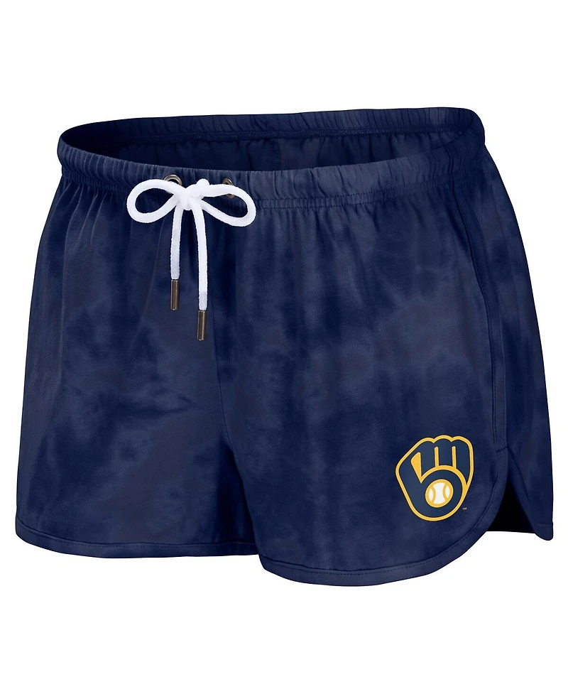 Women's Wear by Erin Andrews Navy Milwaukee Brewers Tie-Dye Cropped Pullover Sweatshirt and Shorts Lounge Set