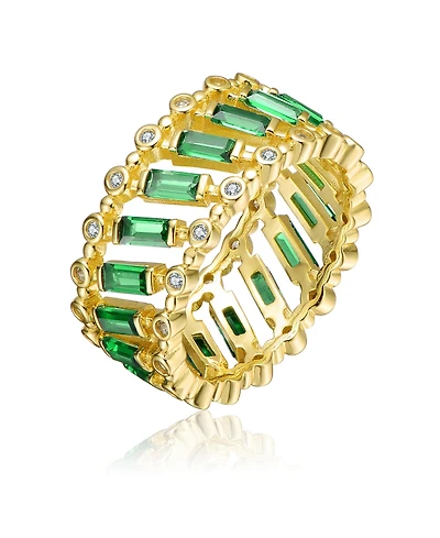 Sterling Silver 14k Yellow Gold Plated with Green & Baguette Eternity Band Ring