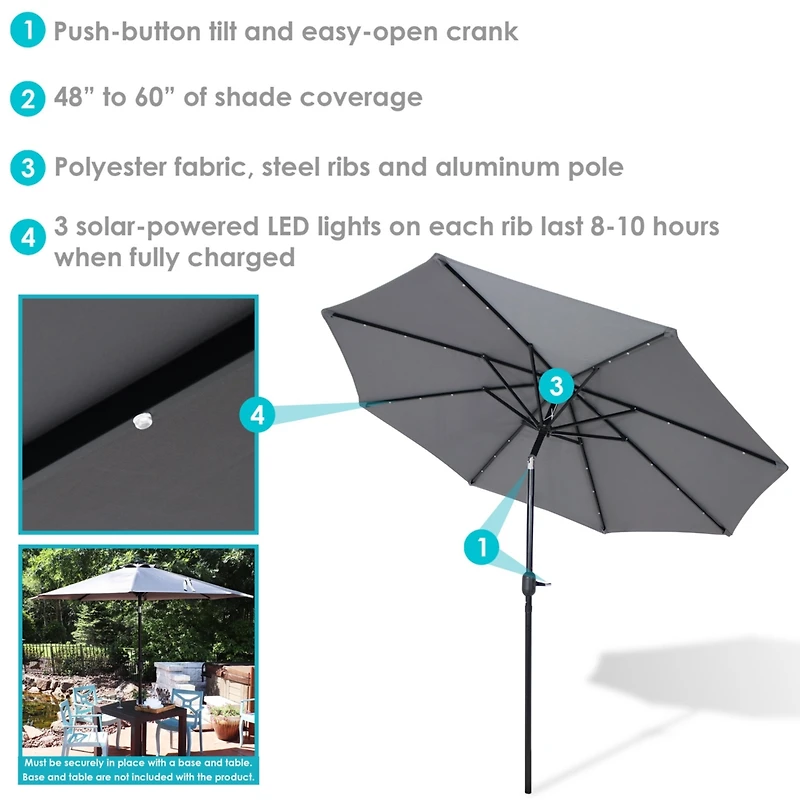 9-Foot Patio Umbrella with Solar Led Lights and Push Button Tilt - Aluminum Pole and Polyester Canopy - Gray