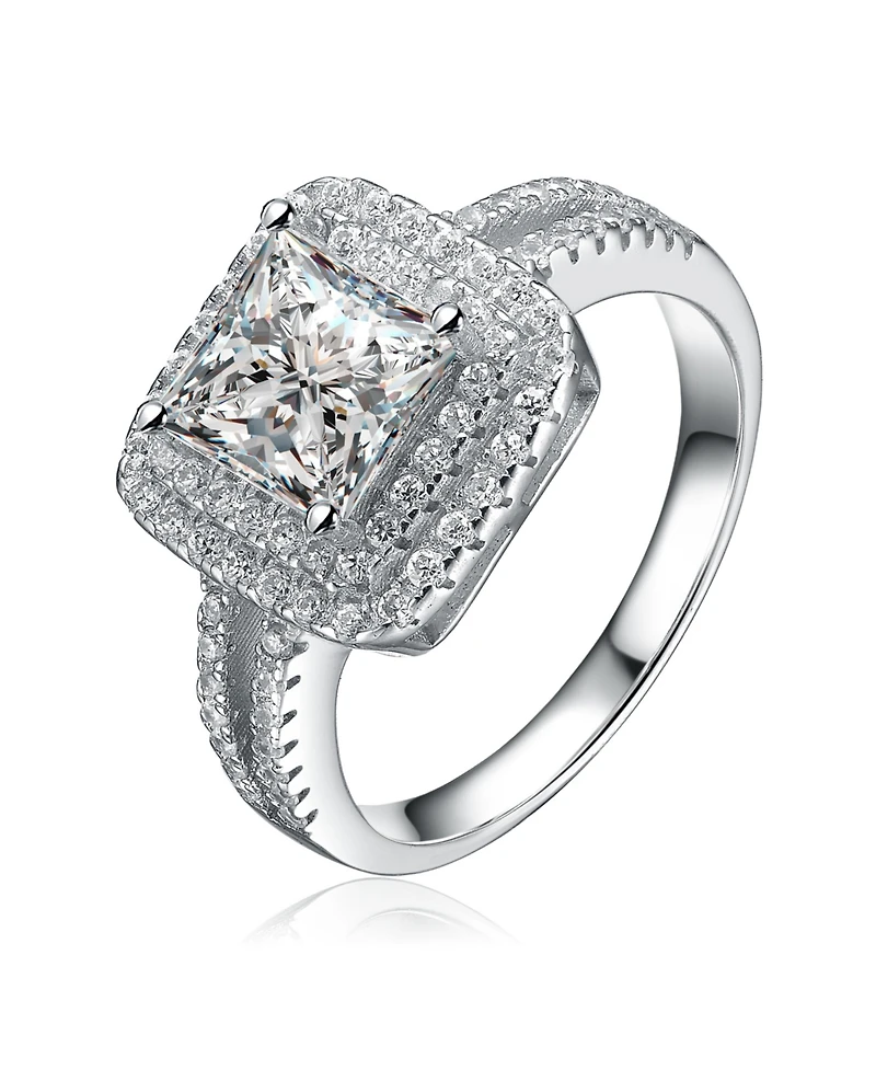 Sterling Silver White Gold Plated Cubic Zirconia Square Statement Ring