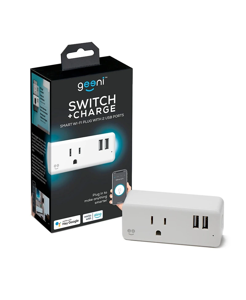 Geeni Switch + Charge Multi Port Smart Wi-Fi Plug with 2 Usb Ports, Energy Saving Outlet with Power Monitoring and App Control, Compatible with Alexa