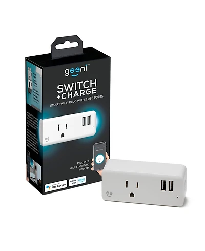 Geeni Switch + Charge Multi Port Smart Wi-Fi Plug with 2 Usb Ports, Energy Saving Outlet with Power Monitoring and App Control, Compatible with Alexa