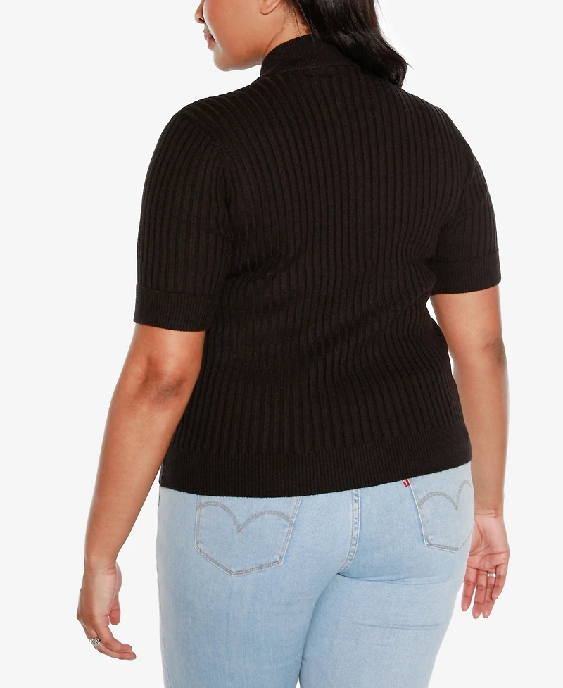 Belldini Black Label Plus Mock Neck Zip Front Ribbed Short Sleeve Sweater