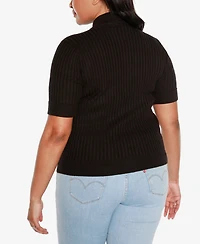 Belldini Black Label Plus Mock Neck Zip Front Ribbed Short Sleeve Sweater