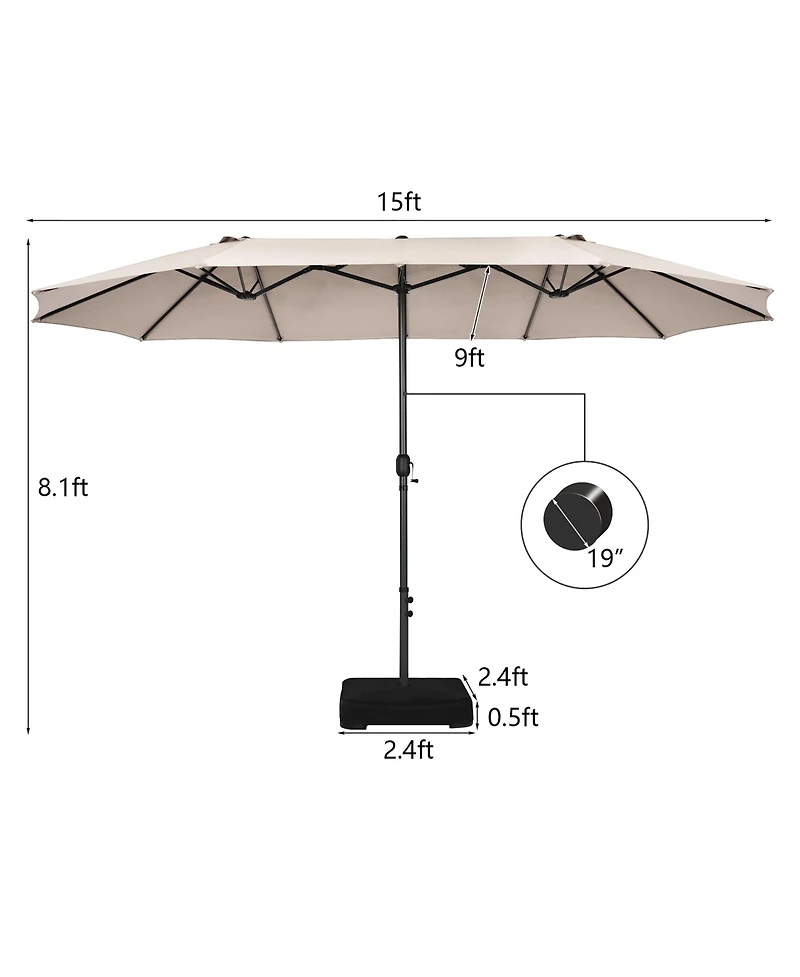 15FT Double-Sided Twin Patio Umbrella Sun Shade Outdoor Crank Market Base