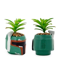 Star Wars Boba Fett Helmet 3-Inch Ceramic Planter With Artificial Succulent | Small Flower Pot, Faux Indoor Plant For Desk Shelf, Trinket Tray | Cute