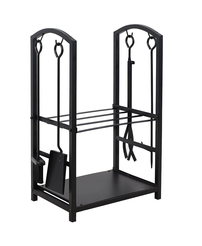 5pc Indoor/Outdoor Steel Log Holder with Fireplace Tool Set, Tongs, Poker, Shovel and Brush - Black