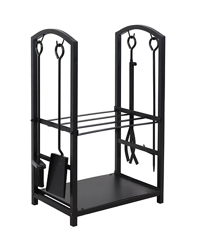 5pc Indoor/Outdoor Steel Log Holder with Fireplace Tool Set, Tongs, Poker, Shovel and Brush - Black