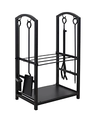 5pc Indoor/Outdoor Steel Log Holder with Fireplace Tool Set, Tongs, Poker, Shovel and Brush - Black