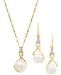 Cultured Freshwater Pearl Cubic Zirconia Jewelry Set In 14k Two Tone Gold Plated Sterling Silver